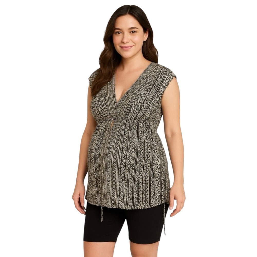 Motherhood Maternity Black Cream Tribal Print Sleeveless Tunic Top Medium Boho